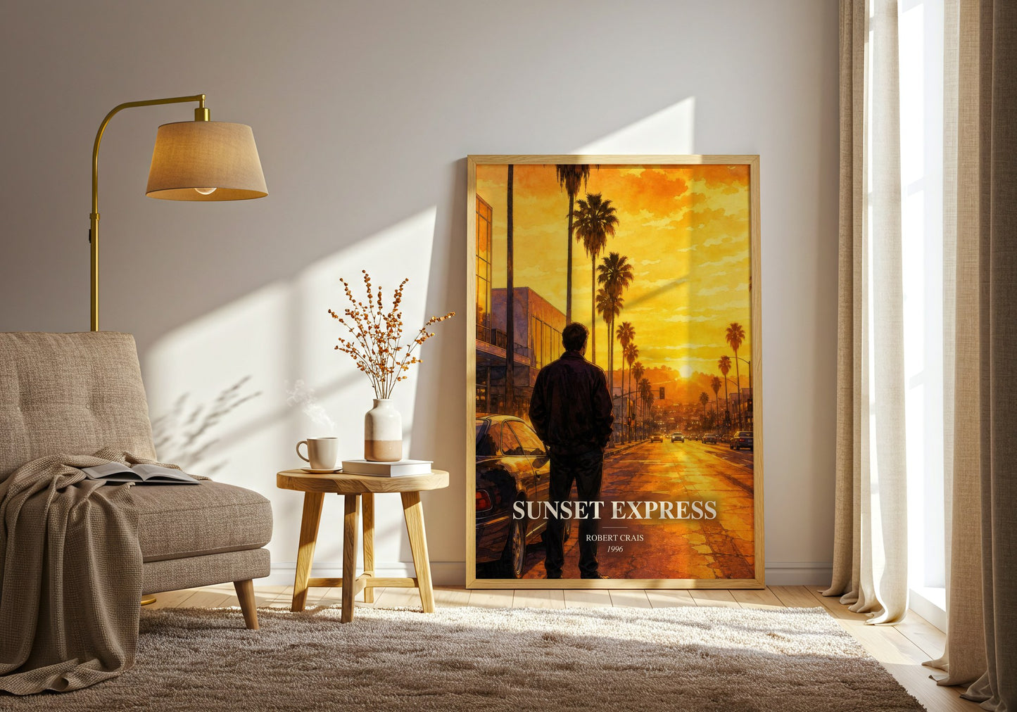 Sunset Express watercolour print in frame leaning in hallway – crime wall art