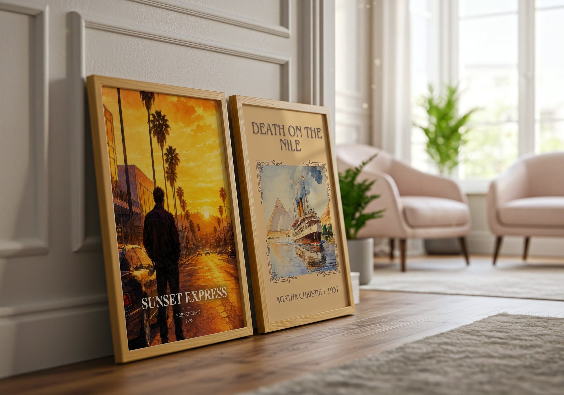 Sunset Express watercolour print framed by window – literary home decor