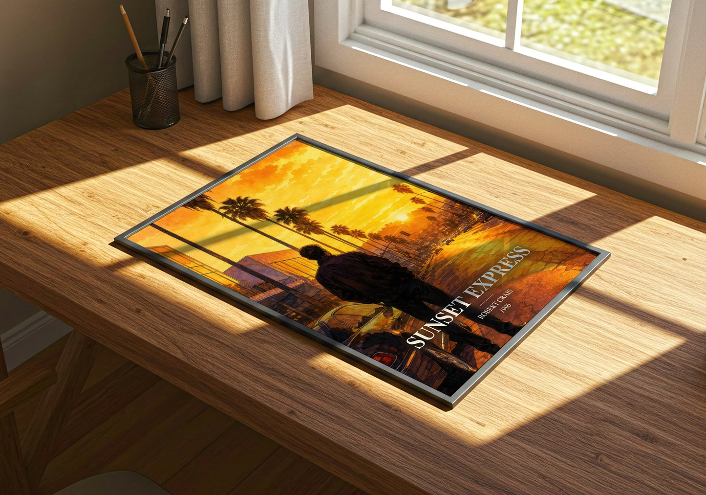 Sunset Express watercolour book poster framed on wall – crime wall art