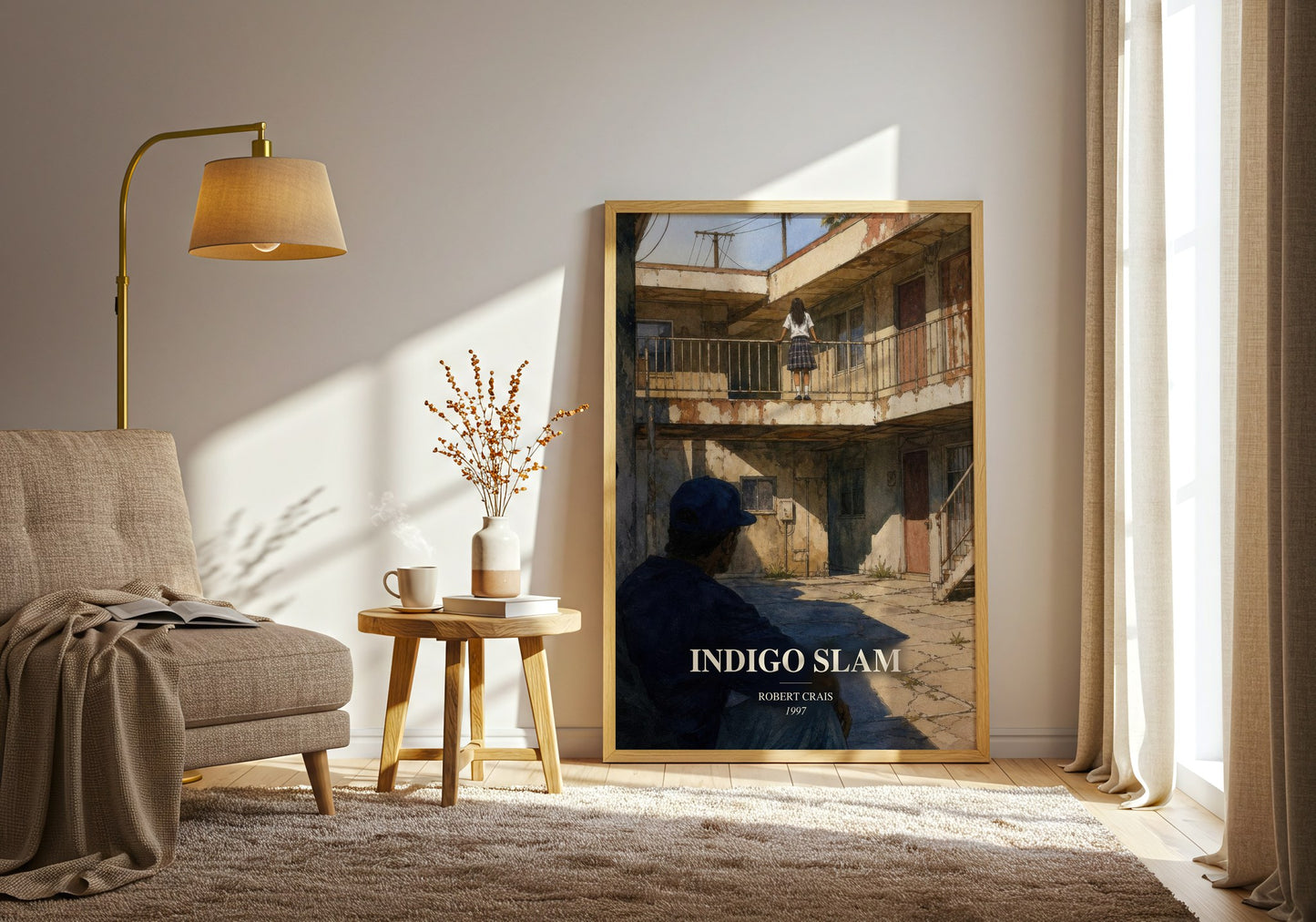 Indigo Slam watercolour print in frame leaning in hallway – crime wall art