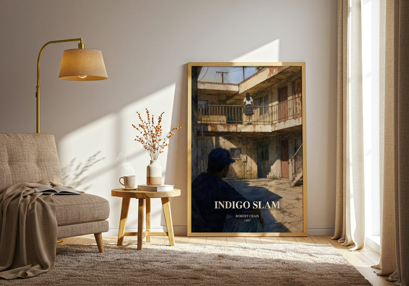 Indigo Slam watercolour print in frame leaning in hallway – crime wall art