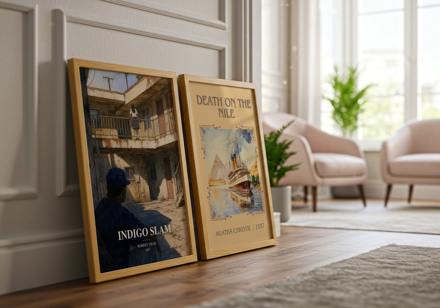 Indigo Slam watercolour print framed by window – literary home decor