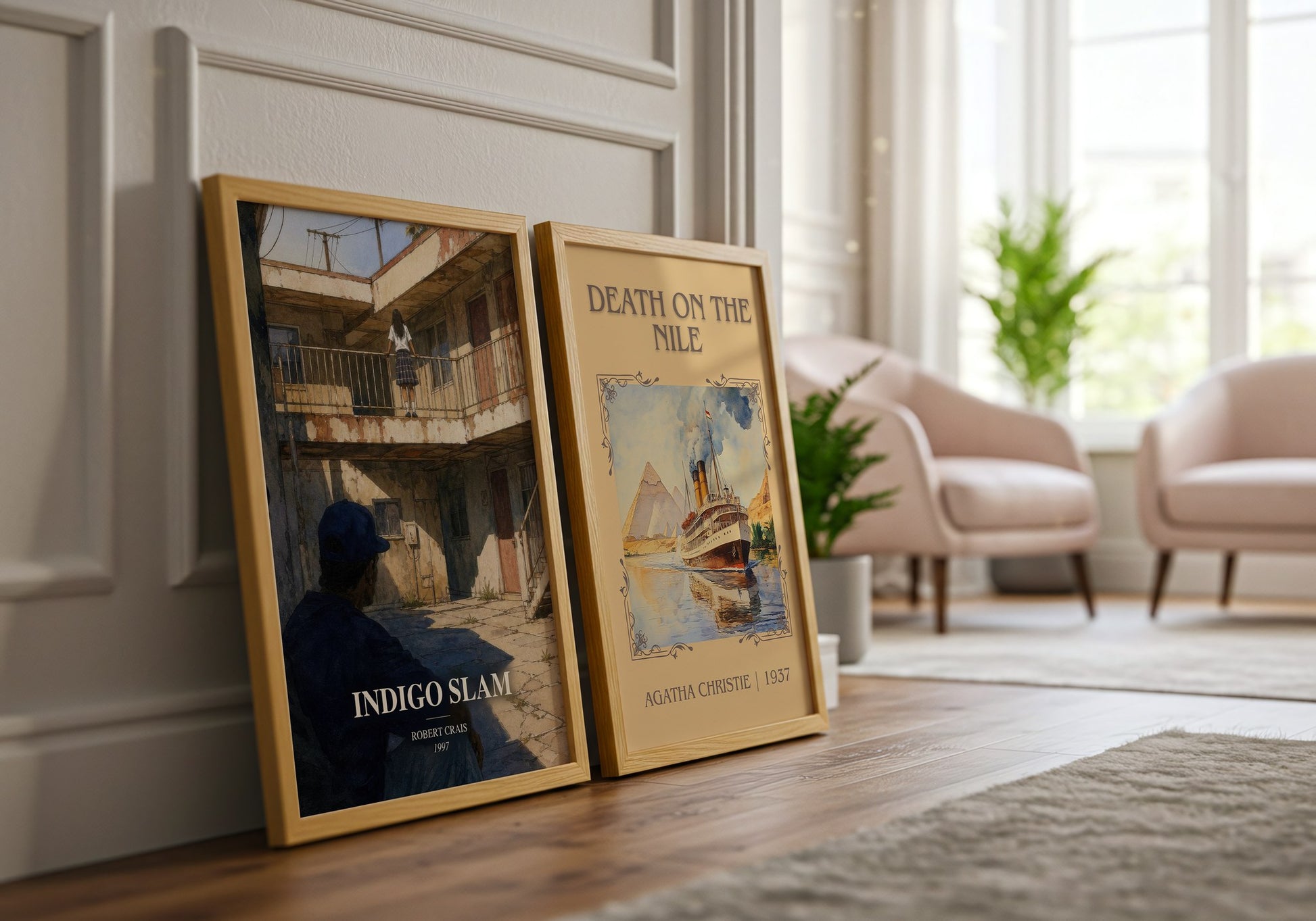 Indigo Slam watercolour print framed by window – literary home decor