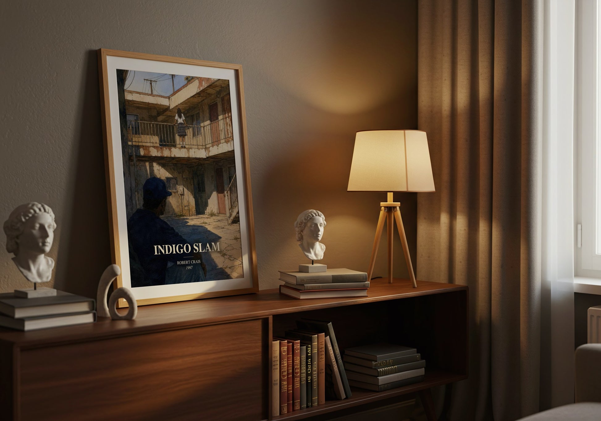 Indigo Slam watercolour print on bookshelf – Robert Crais fan gift