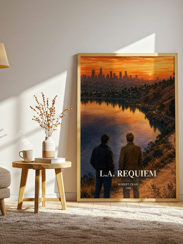 L.A. Requiem watercolour print in frame leaning in hallway – crime wall art
