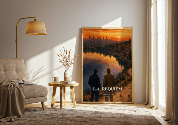 L.A. Requiem watercolour print in frame leaning in hallway – crime wall art