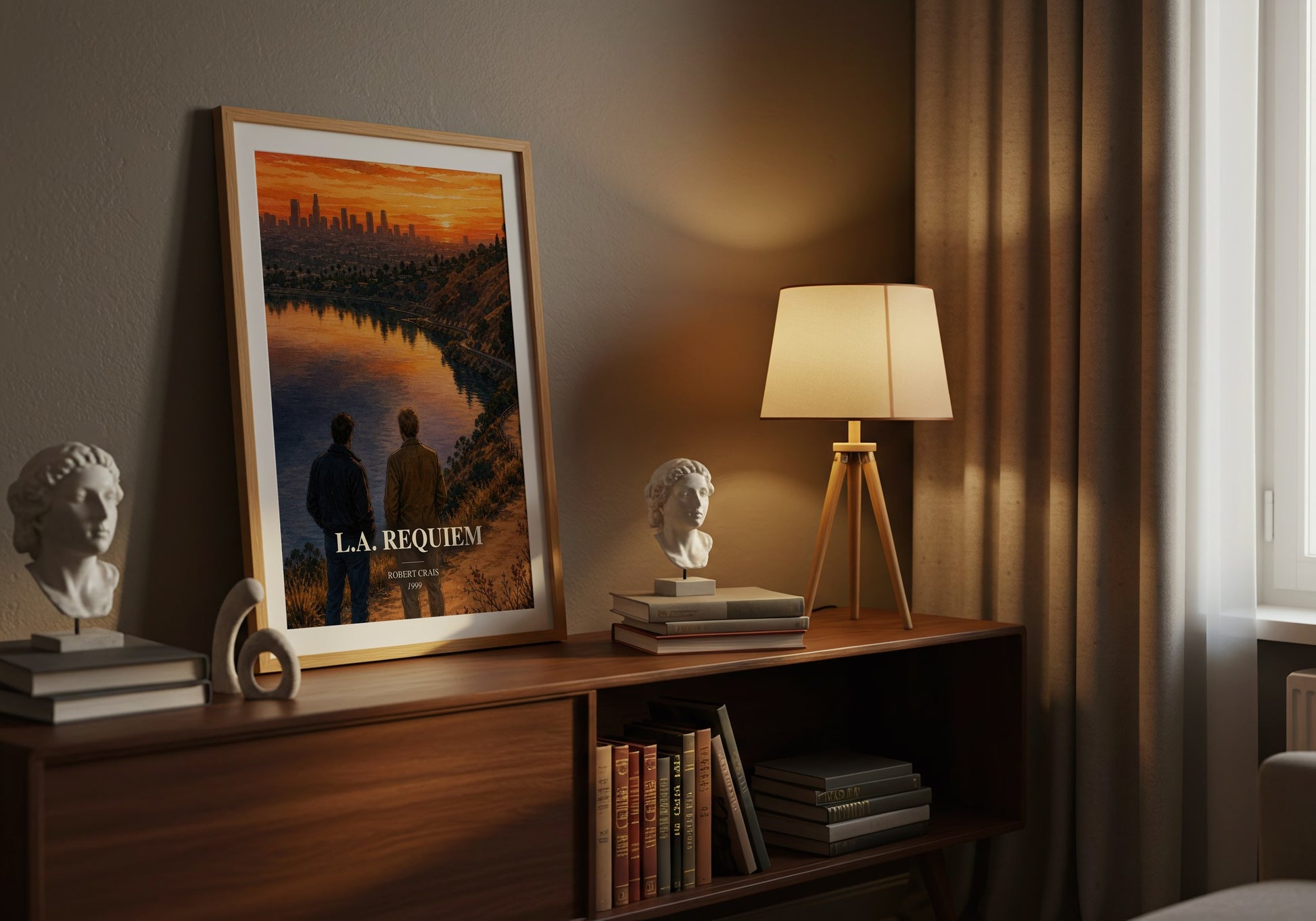 L.A. Requiem watercolour print on bookshelf – Robert Crais fan gift