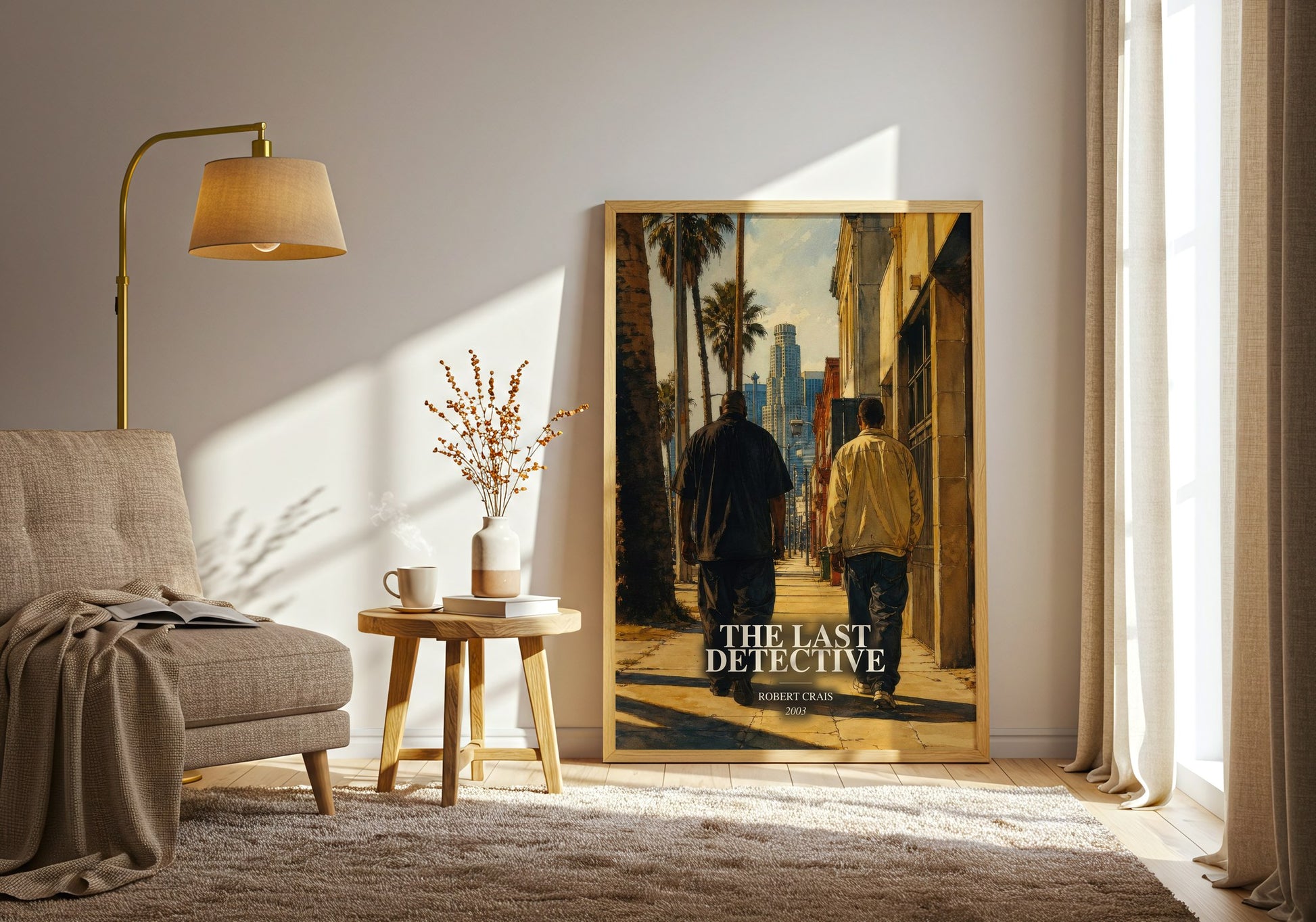 The Last Detective watercolour print in frame leaning in hallway – crime wall art