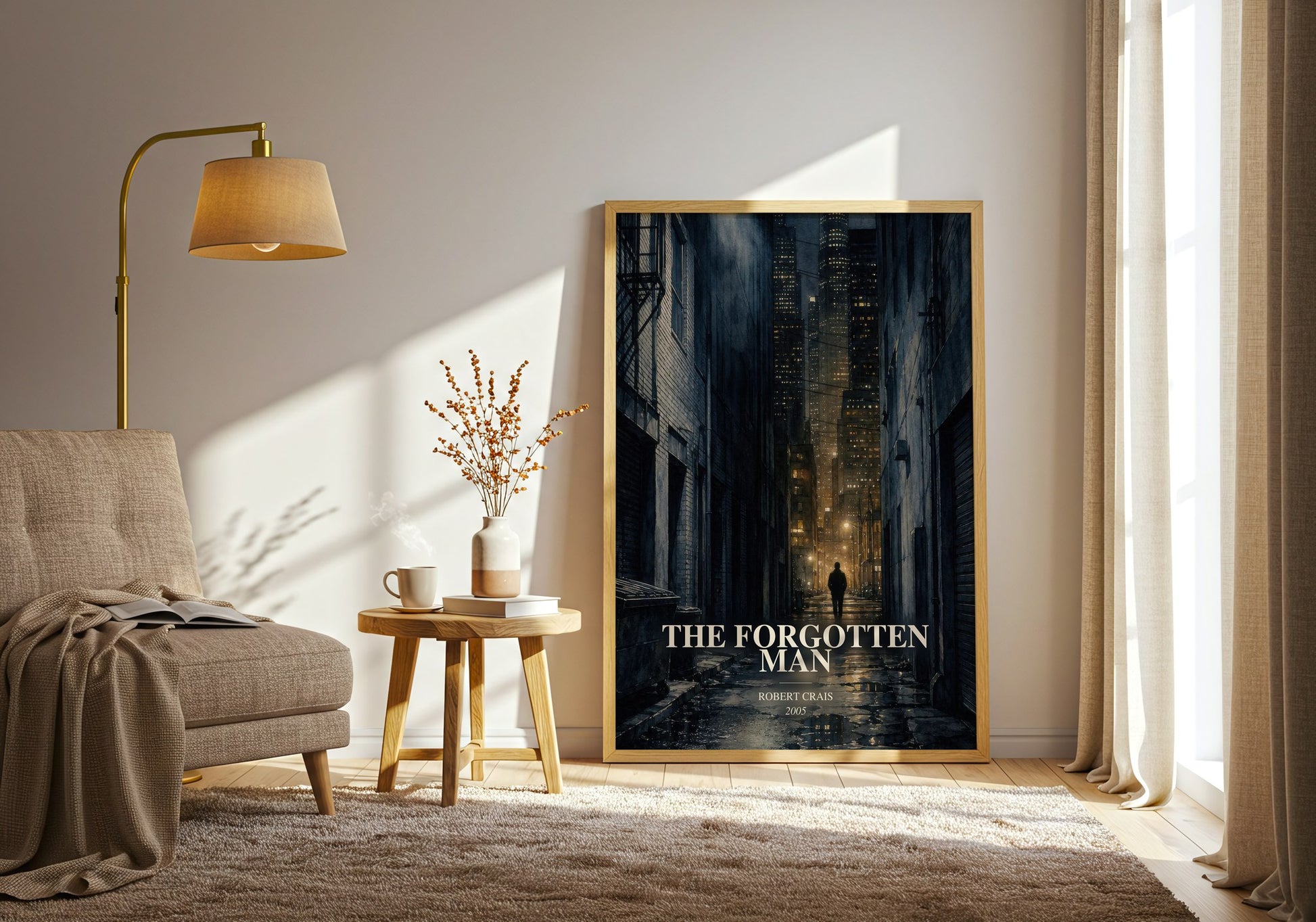 The Forgotten Man watercolour print in frame leaning in hallway – crime wall art