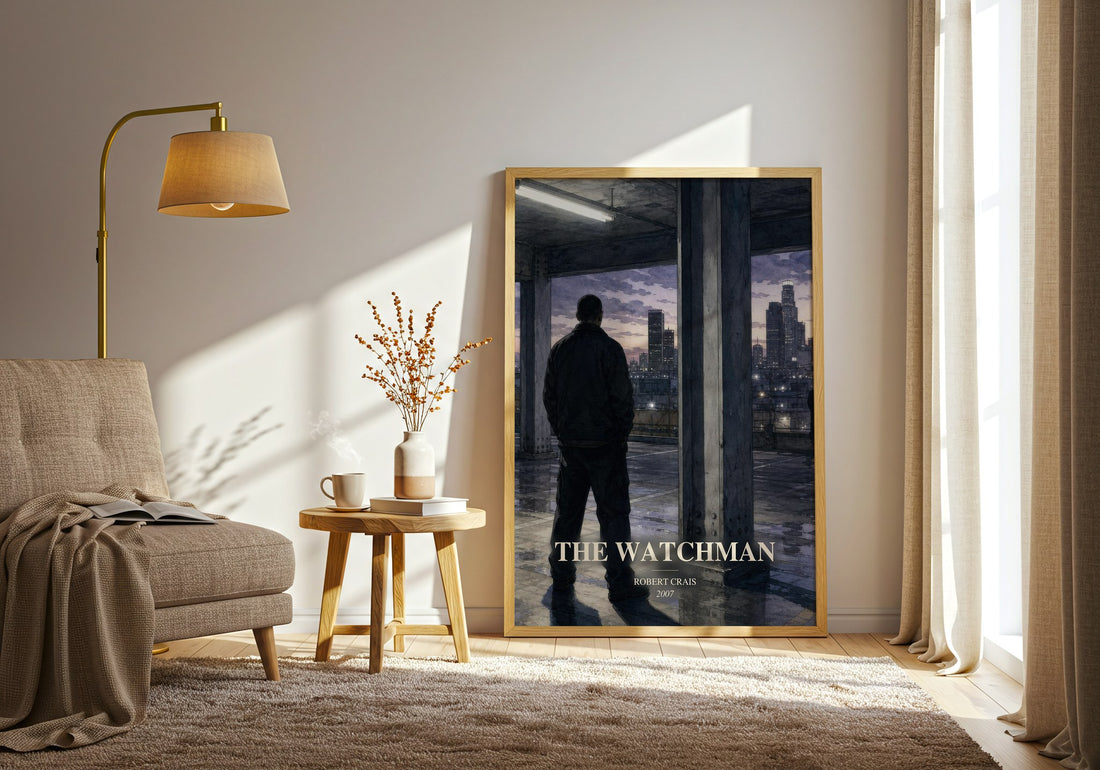 The Watchman watercolour print in frame leaning in hallway – thriller wall art (mockup)