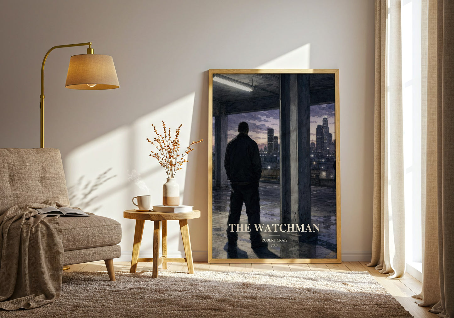 The Watchman watercolour print in frame leaning in hallway – thriller wall art