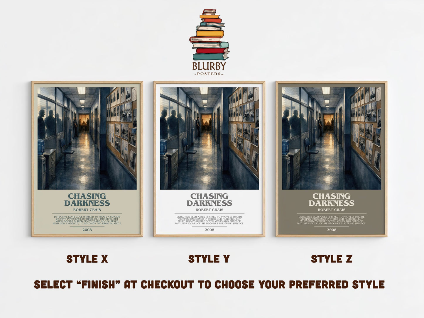 Chasing Darkness bookish print in frame leaning in hallway – crime wall art
