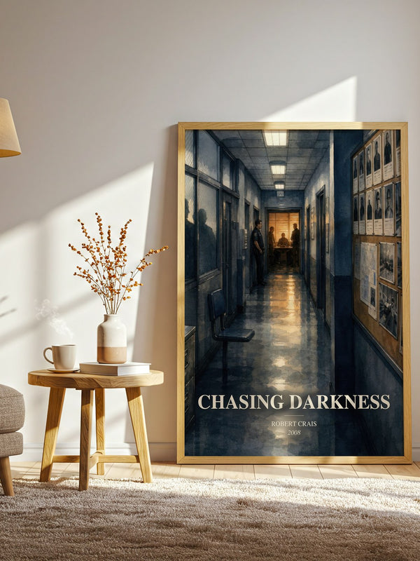 Chasing Darkness watercolour print in frame leaning in hallway – crime wall art