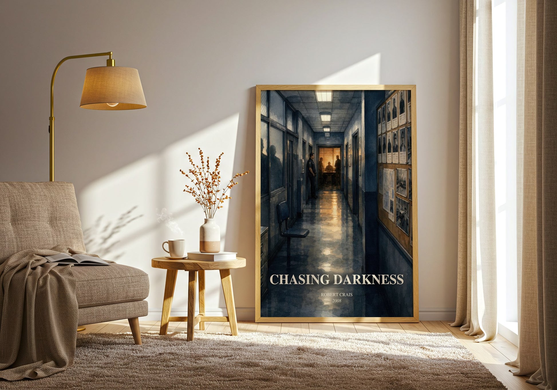 Chasing Darkness watercolour print in frame leaning in hallway – crime wall art