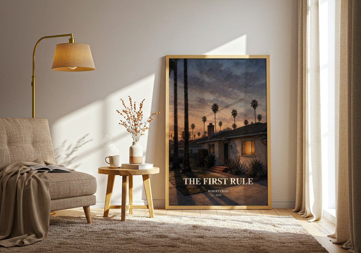 The First Rule watercolour print in frame leaning in hallway – crime wall art