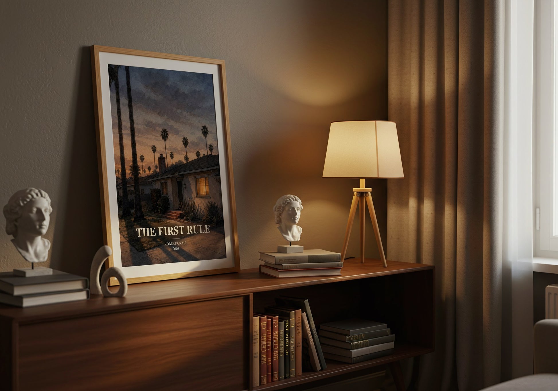The First Rule watercolour print on bookshelf – Robert Crais fan gift