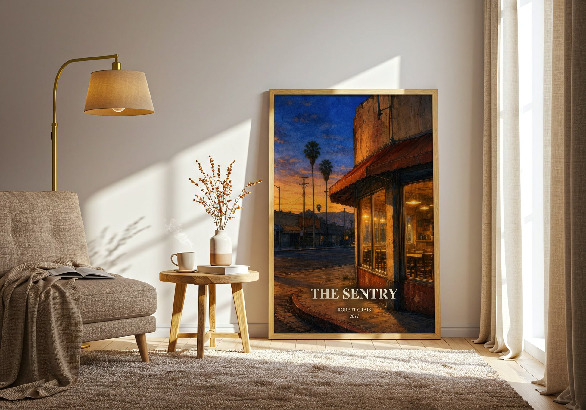 The Sentry watercolour print in frame leaning in hallway – crime wall art