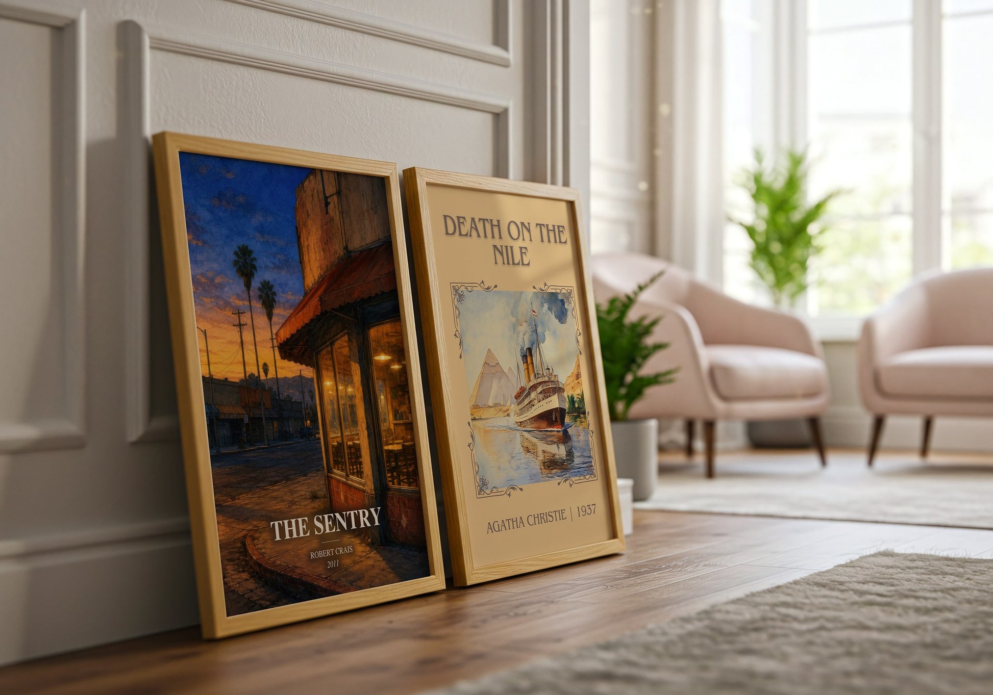 The Sentry watercolour print framed by window – literary home decor