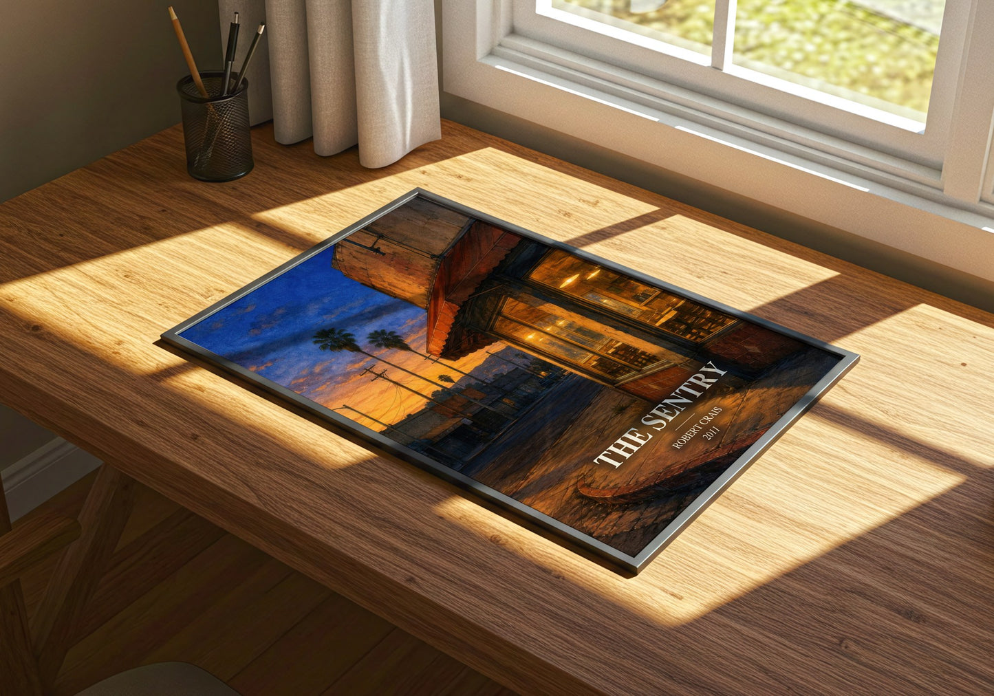 The Sentry watercolour book poster framed on wall – crime wall art