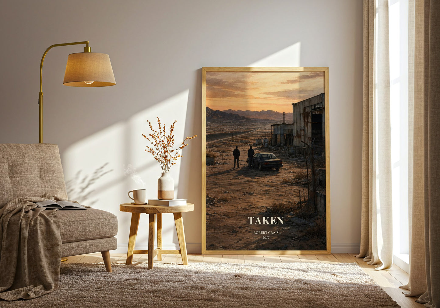 Taken watercolour print in frame leaning in hallway – crime wall art