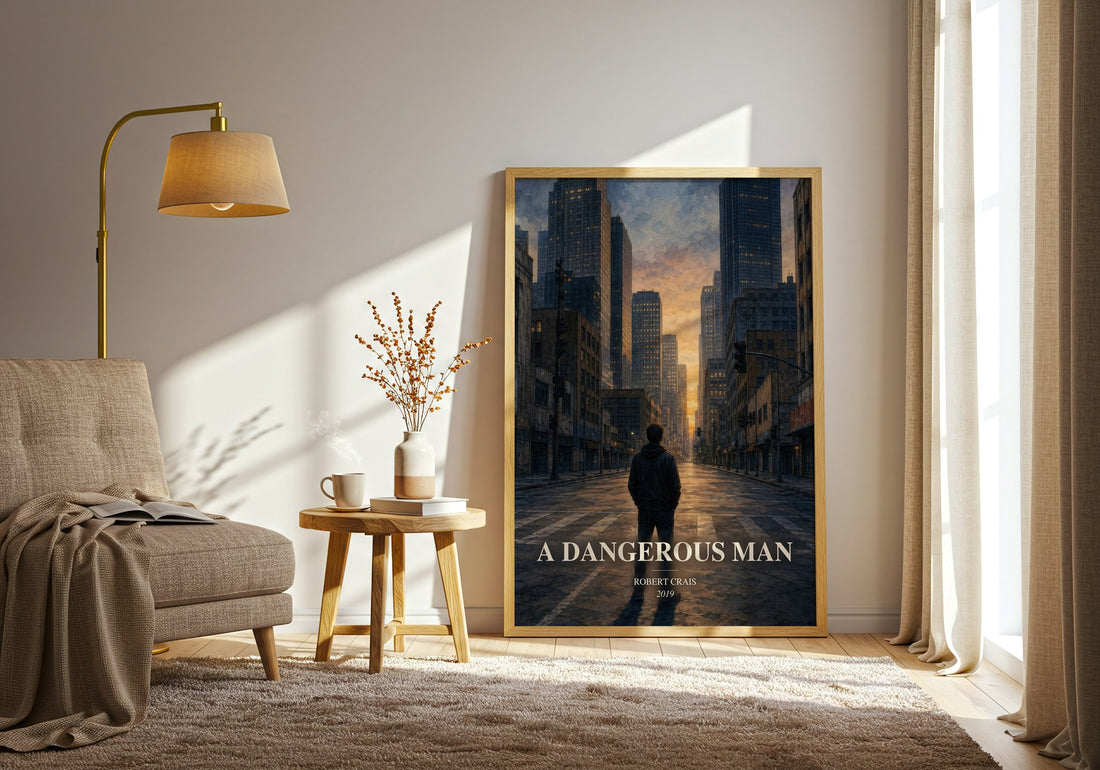 A Dangerous Man watercolour print in frame leaning in hallway – crime wall art (mockup)
