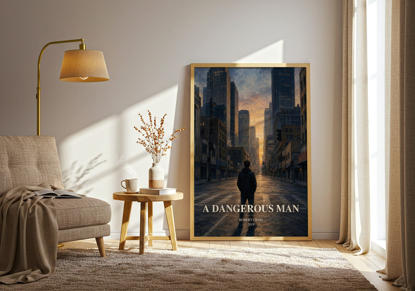 A Dangerous Man watercolour print in frame leaning in hallway – crime wall art