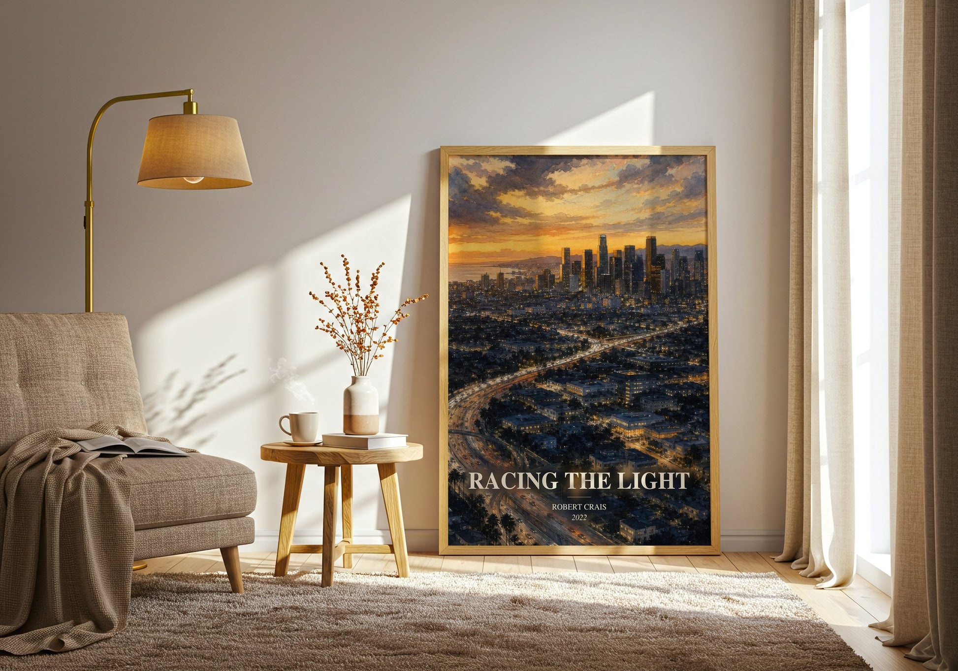 Racing The Light watercolour print in frame leaning in hallway – crime wall art