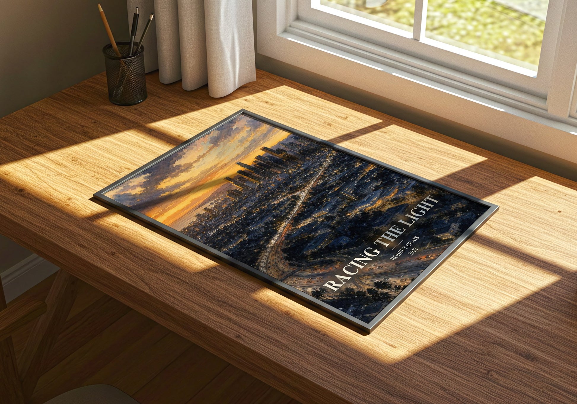 Racing The Light watercolour book poster framed on wall – crime wall art