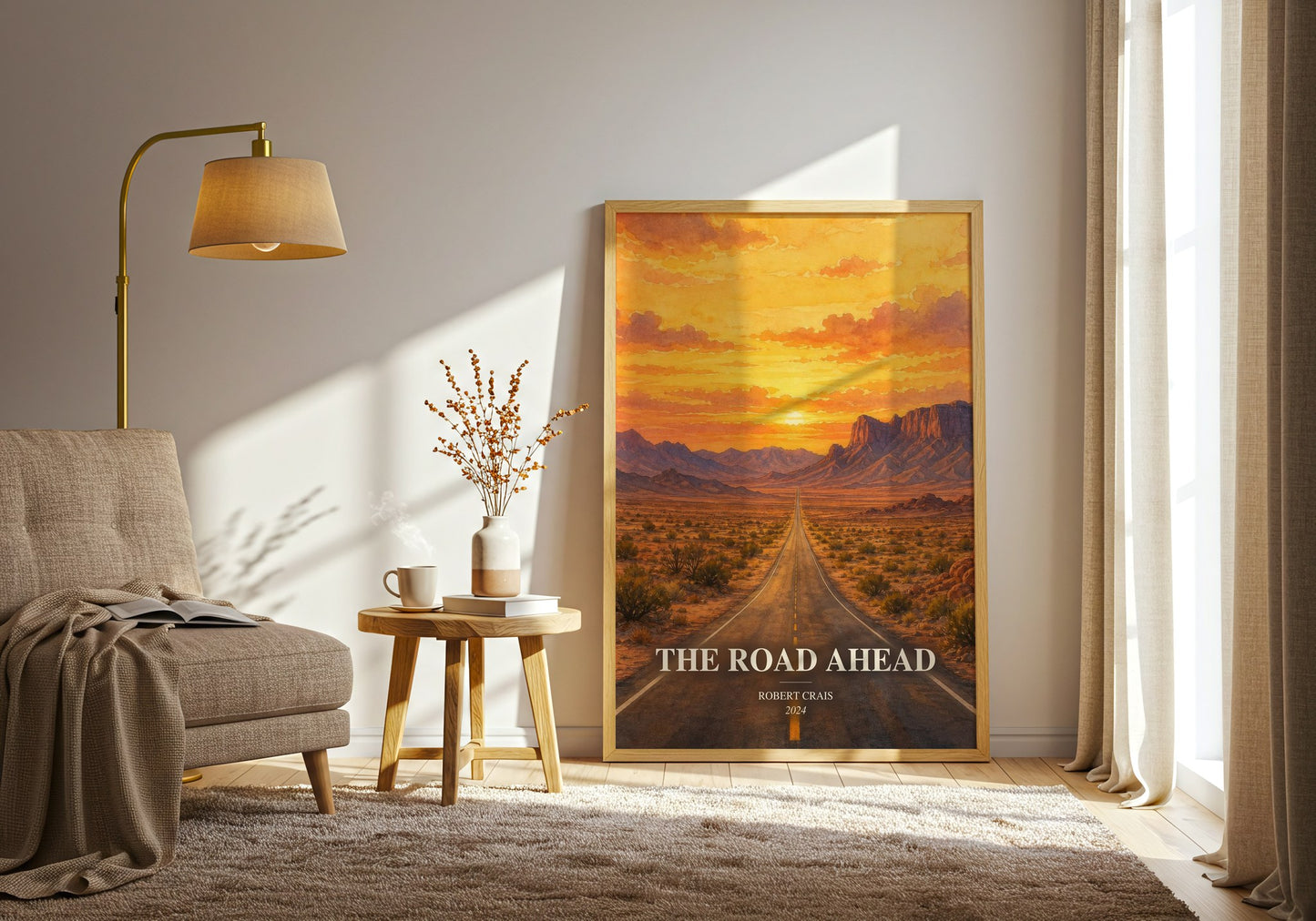 The Road Ahead watercolour print in frame leaning in hallway – thriller wall art
