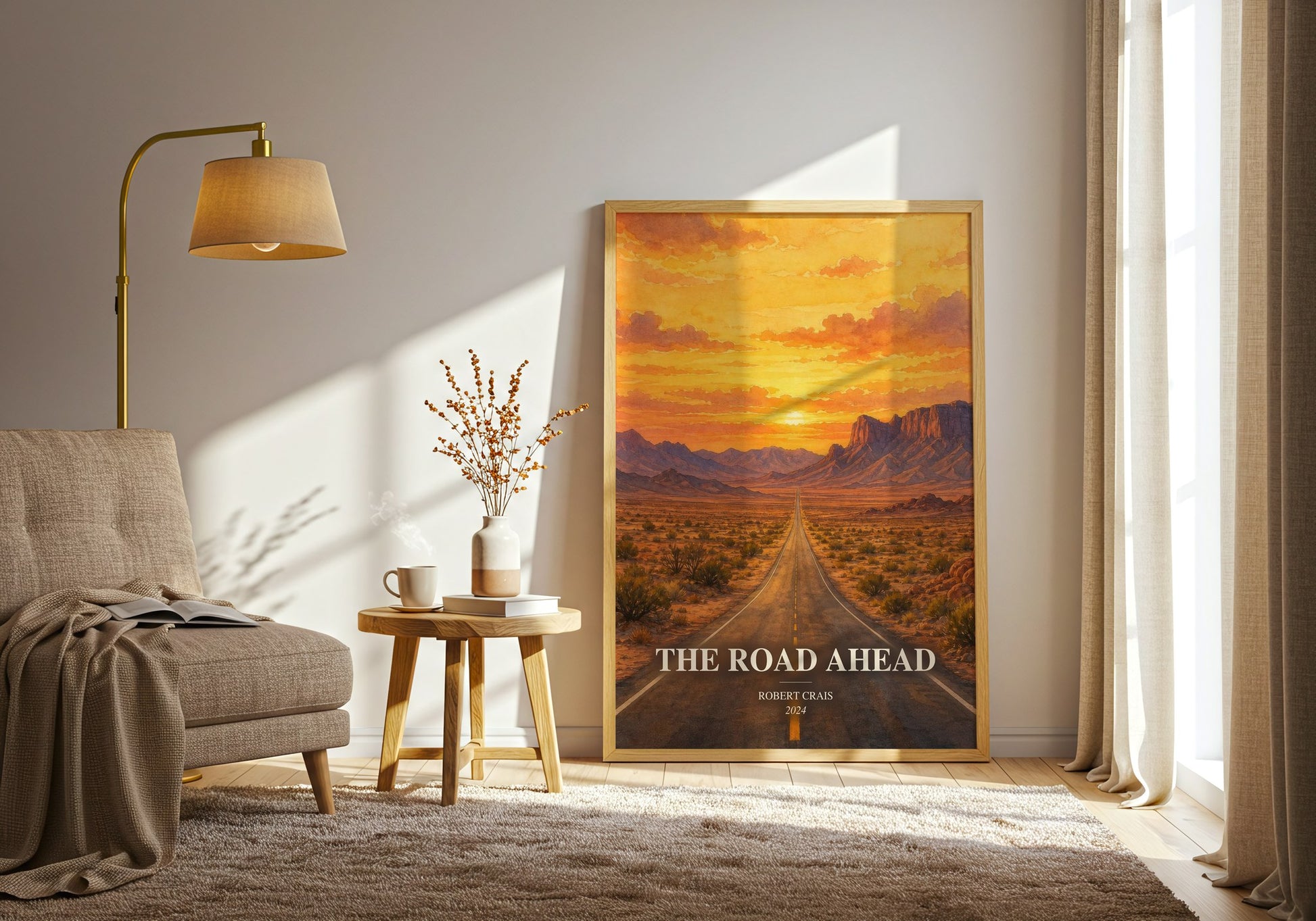The Road Ahead watercolour print in frame leaning in hallway – thriller wall art