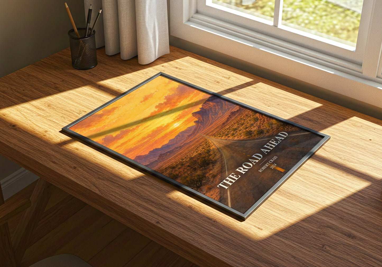 The Road Ahead watercolour book poster framed on wall – thriller wall art