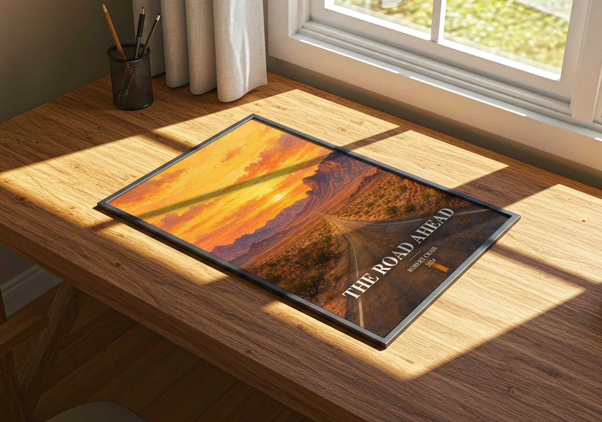 The Road Ahead watercolour book poster framed on wall – thriller wall art