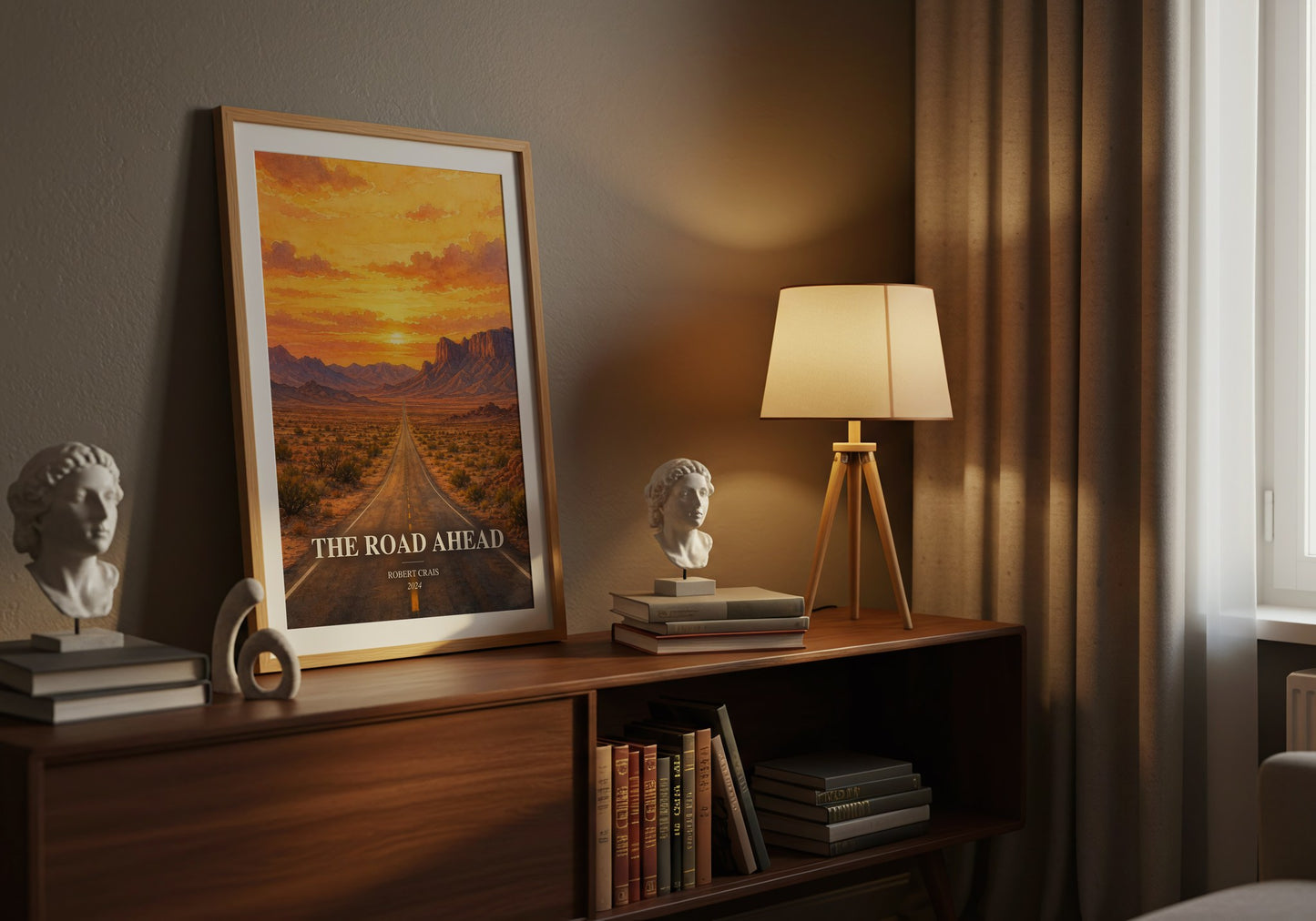 The Road Ahead watercolour print on bookshelf – Robert Crais fan gift