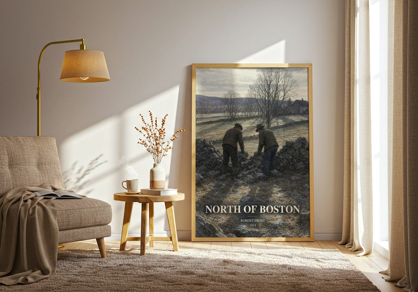 North Of Boston watercolour print in frame leaning in hallway – poetry wall art