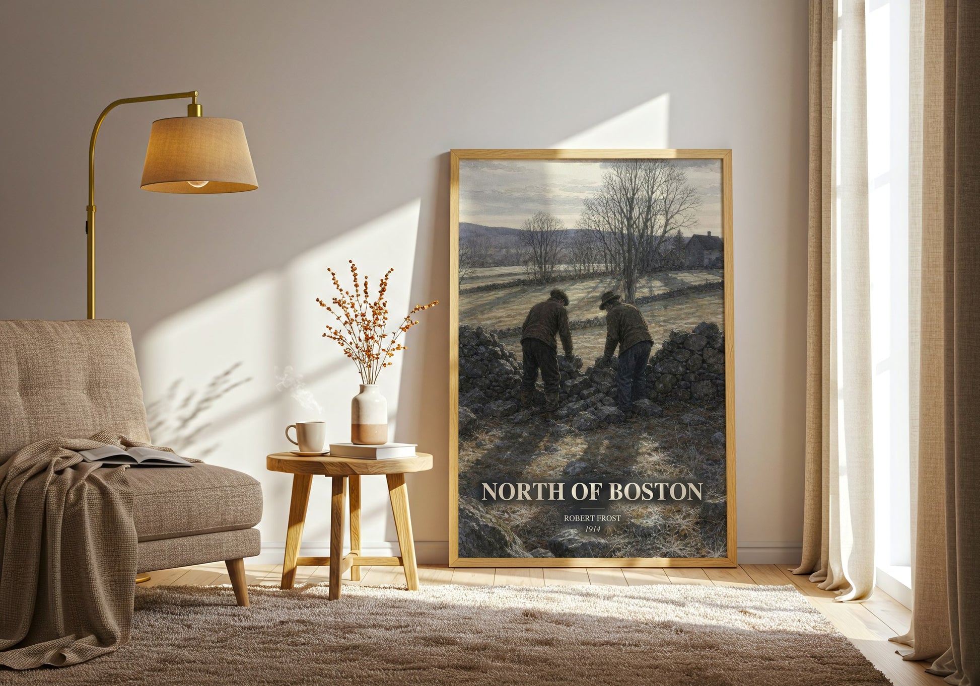 North Of Boston watercolour print in frame leaning in hallway – poetry wall art