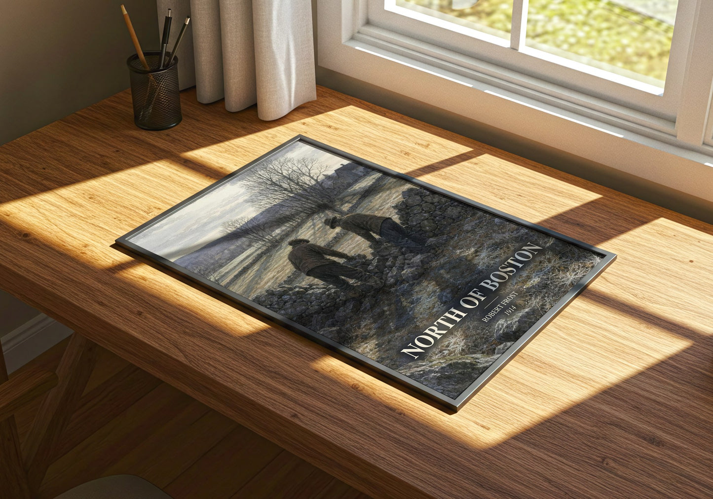 North Of Boston watercolour book poster framed on wall – poetry wall art