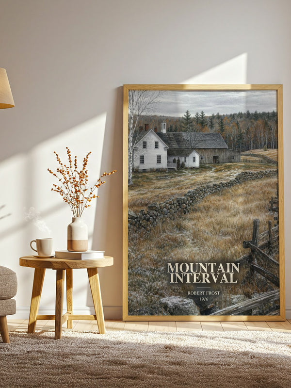 Mountain Interval watercolour print in frame leaning in hallway – poetry wall art