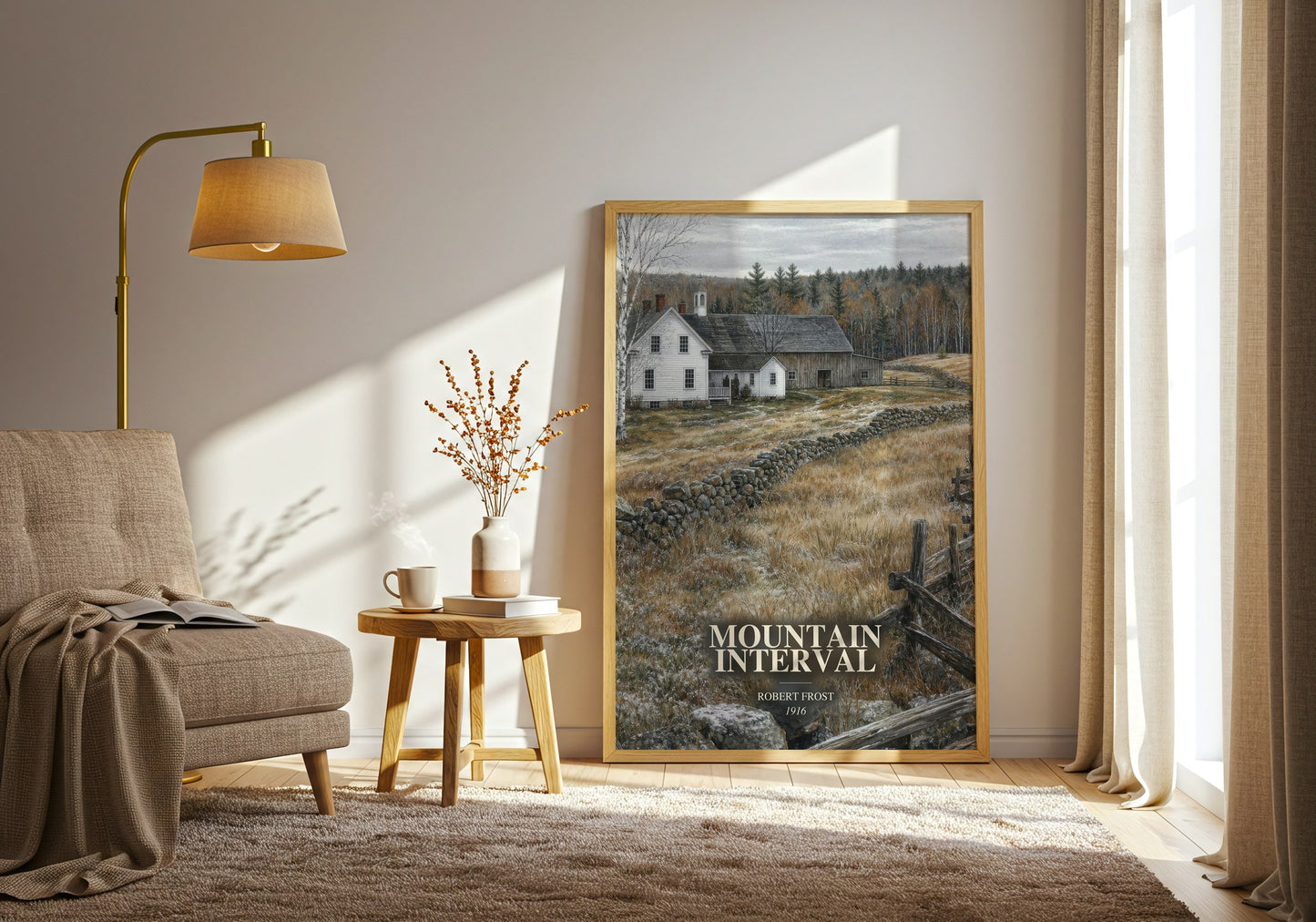 Mountain Interval watercolour print in frame leaning in hallway – poetry wall art