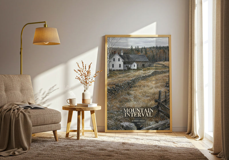 Mountain Interval watercolour print in frame leaning in hallway – poetry wall art