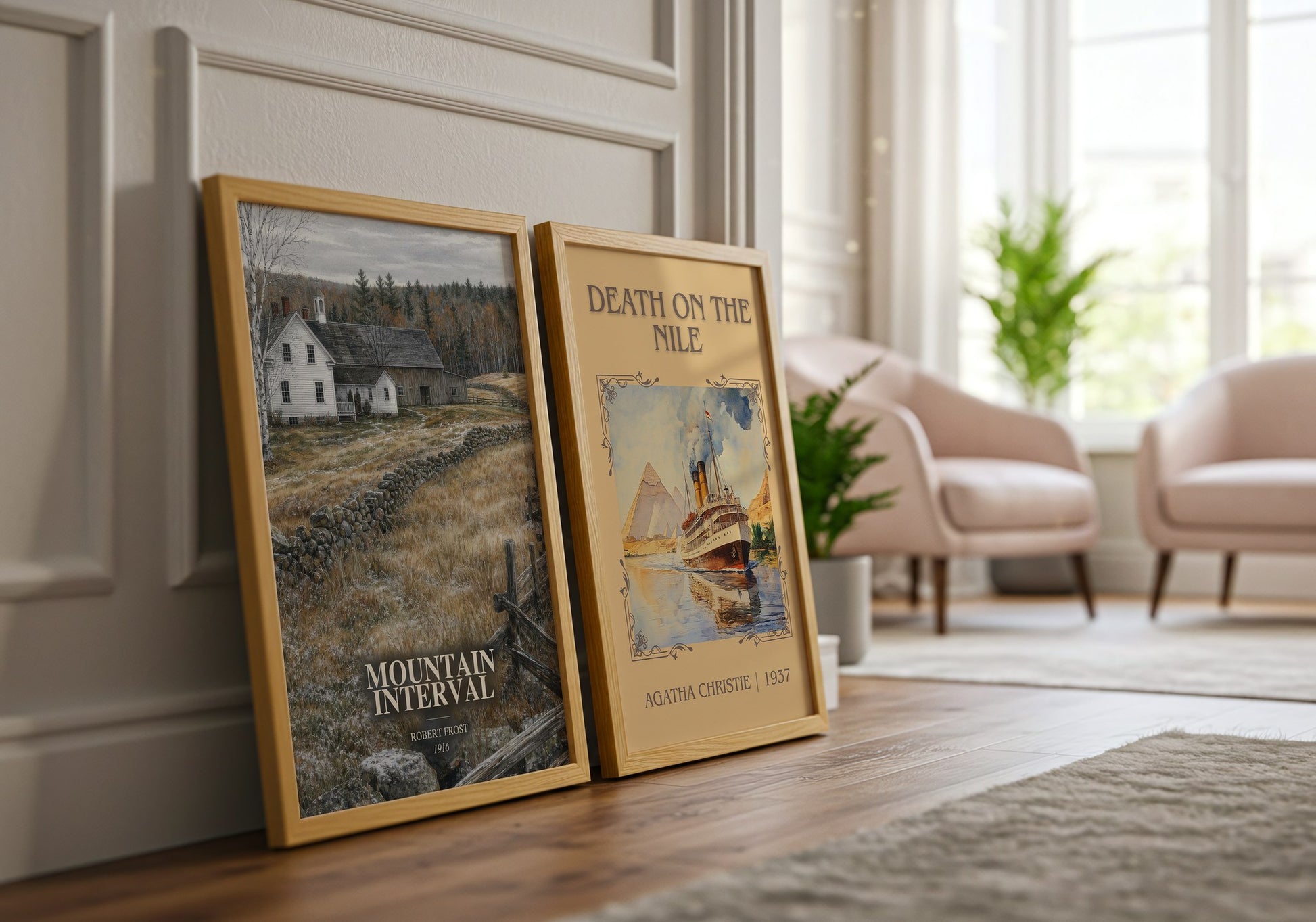 Mountain Interval watercolour print framed by window – literary home decor
