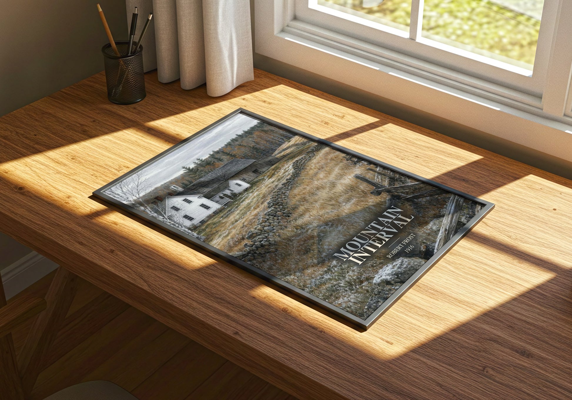 Mountain Interval watercolour book poster framed on wall – poetry wall art