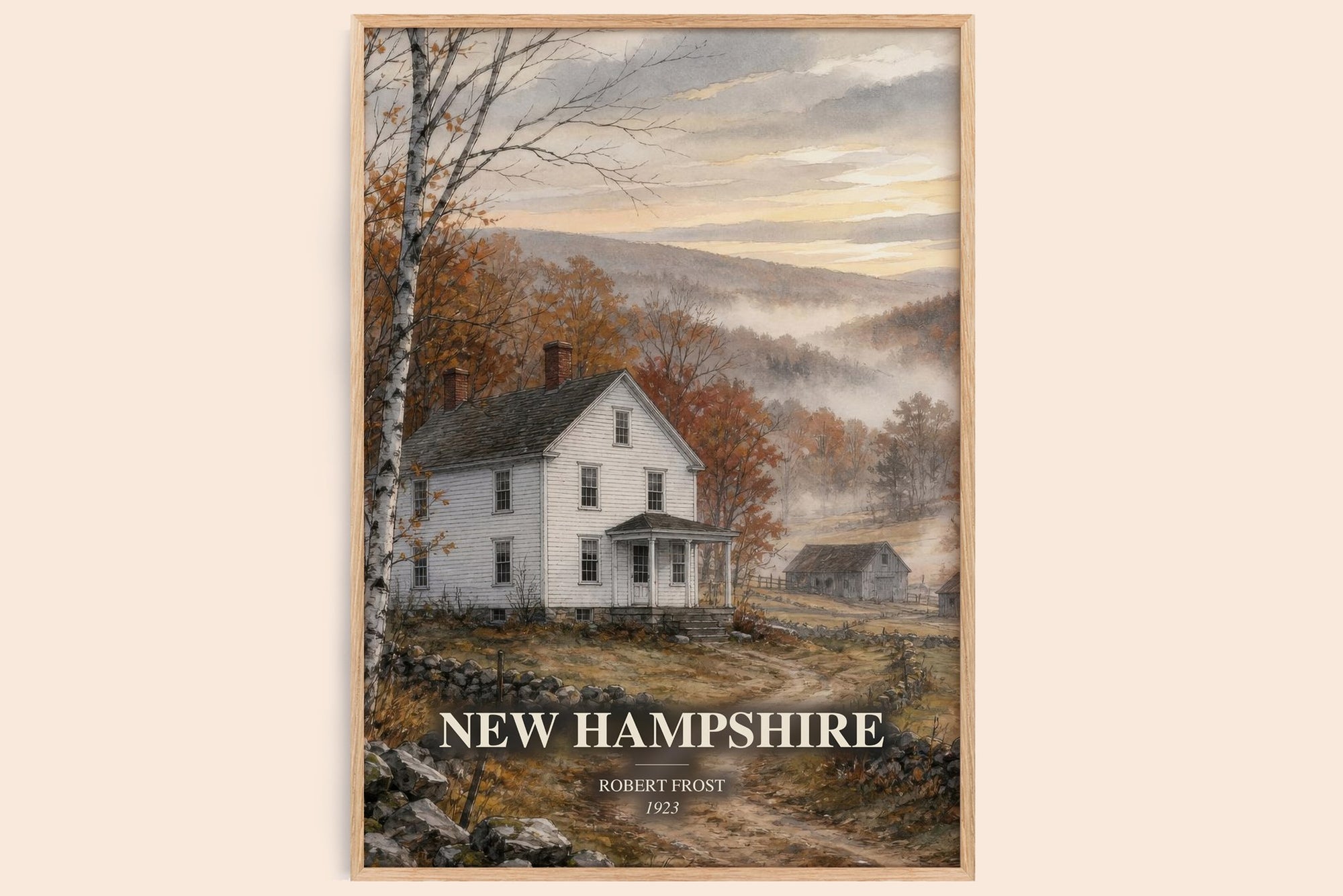 New Hampshire watercolour book poster by Robert Frost – framed literary art print