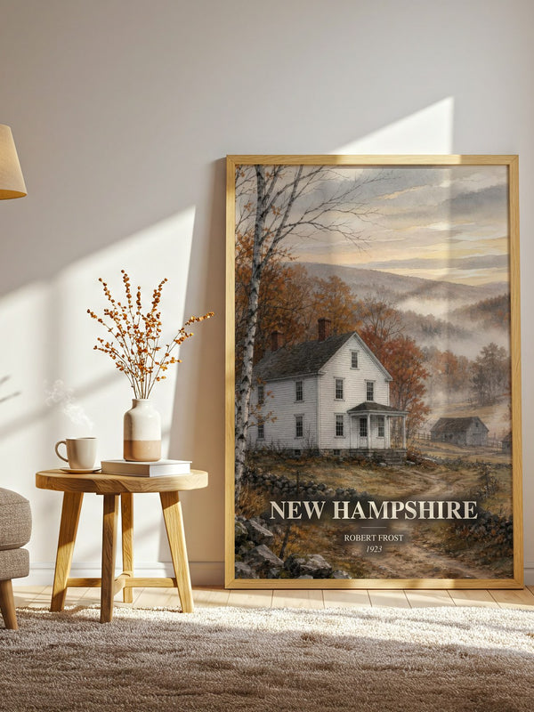 New Hampshire watercolour print in frame leaning in hallway – poetry wall art