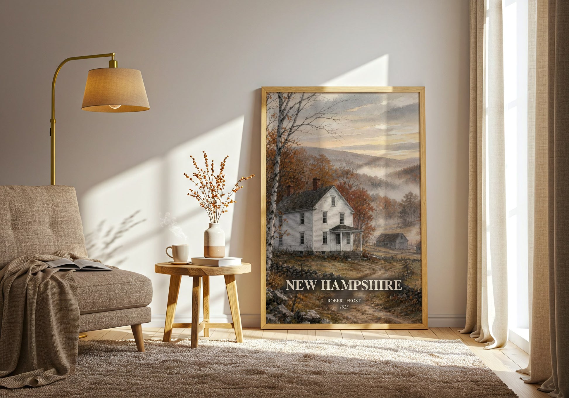 New Hampshire watercolour print in frame leaning in hallway – poetry wall art