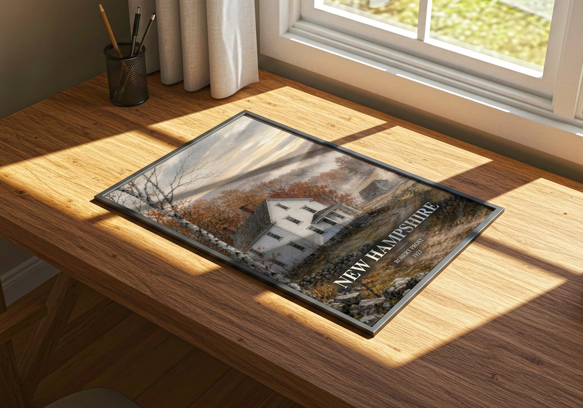 New Hampshire watercolour book poster framed on wall – poetry wall art