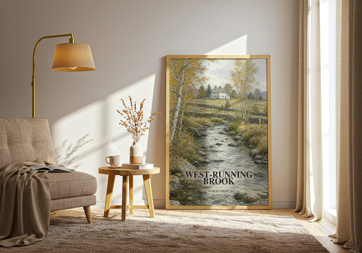 West-Running Brook watercolour print in frame leaning in hallway – poetry wall art
