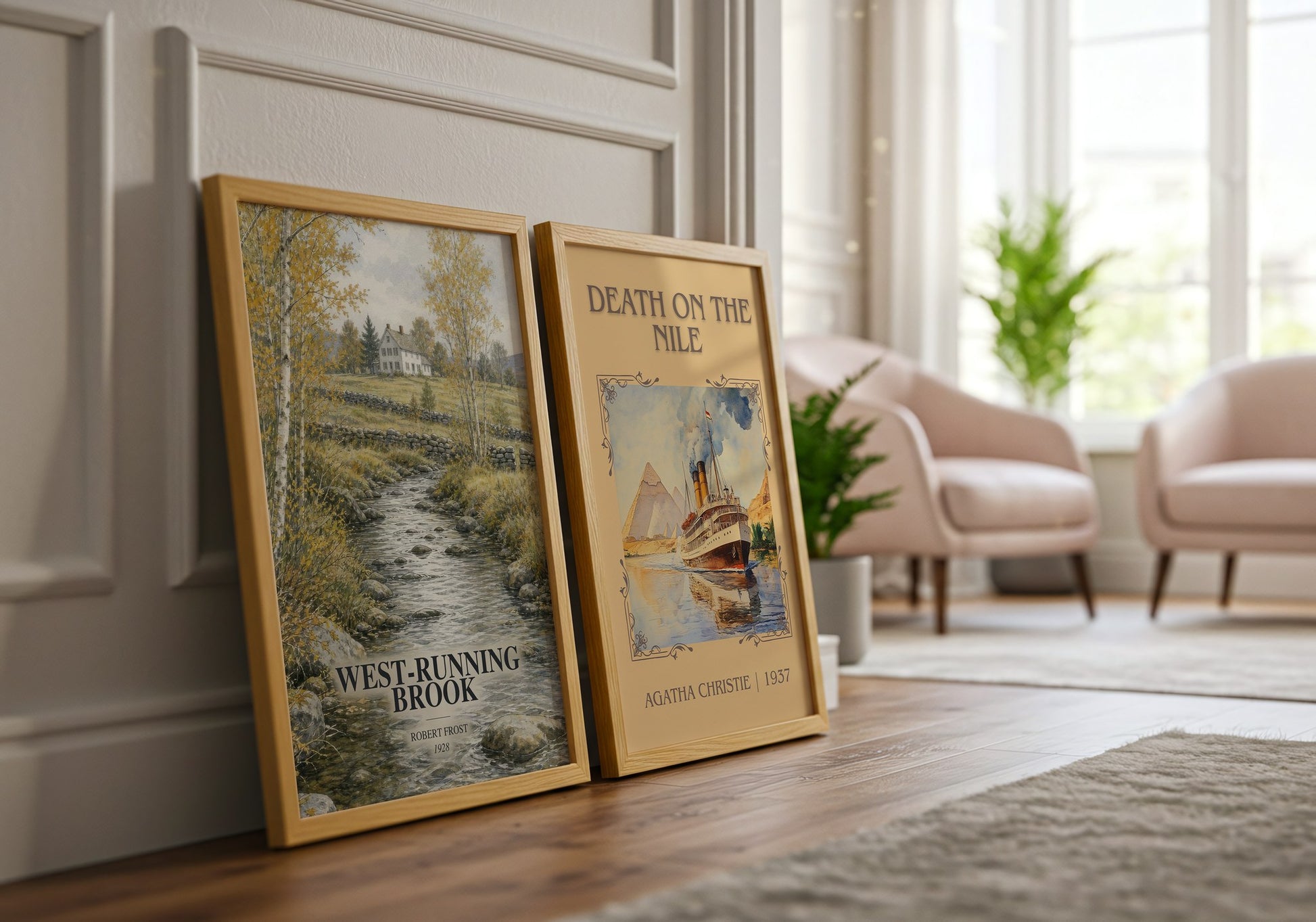 West-Running Brook watercolour print framed by window – literary home decor