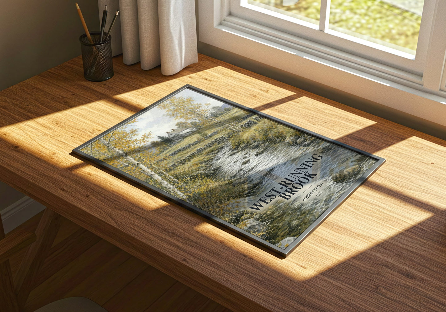 West-Running Brook watercolour book poster framed on wall – poetry wall art