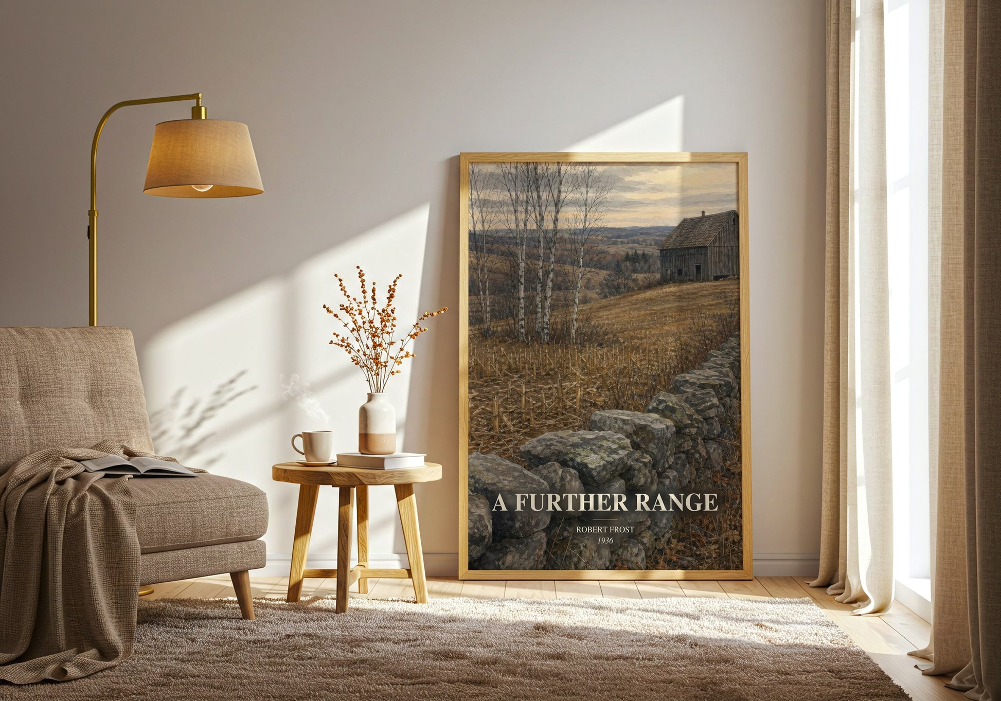 A Further Range watercolour print in frame leaning in hallway – poetry wall art