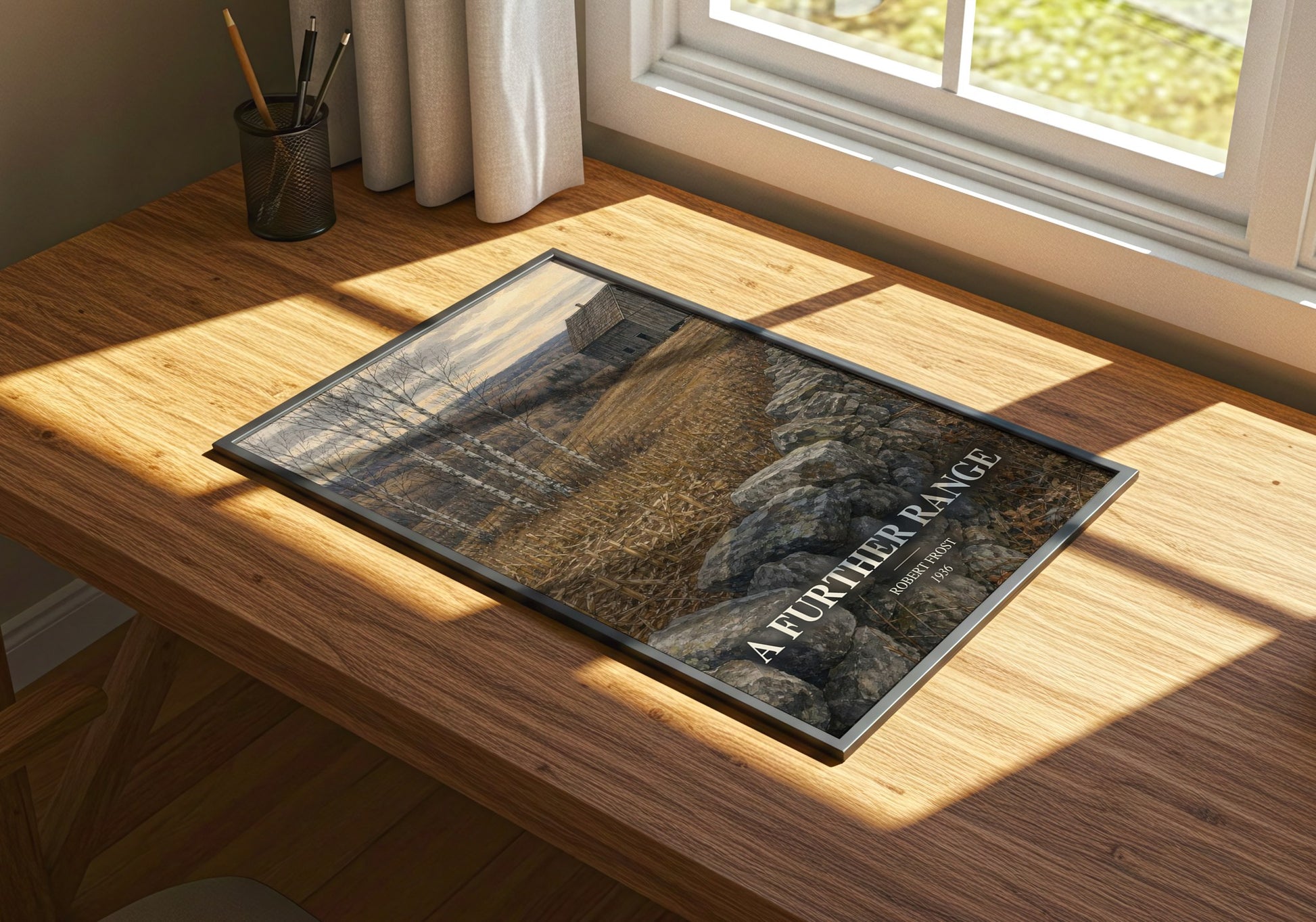 A Further Range watercolour book poster framed on wall – poetry wall art